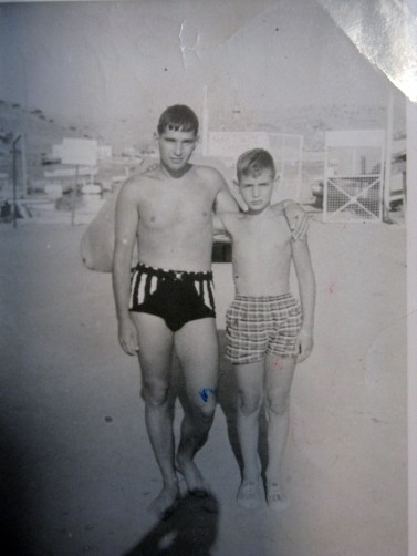 Vasilis & Byron at the Vouliagmeni Nautical Athletic Club ca. 1958. Here swimming and water skiing races were held.