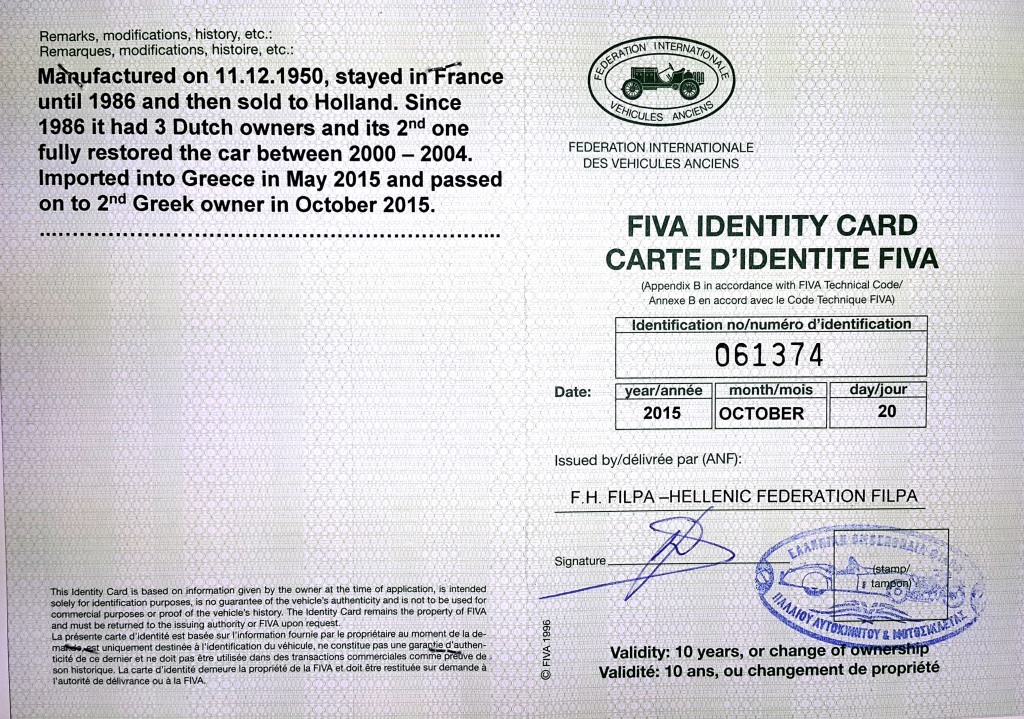 Her FIVA Identity Card No. 061374 was re-issued on Oct. 20th 2015, at time of ownership change. The Historic Vehicle plate No. is 5066.